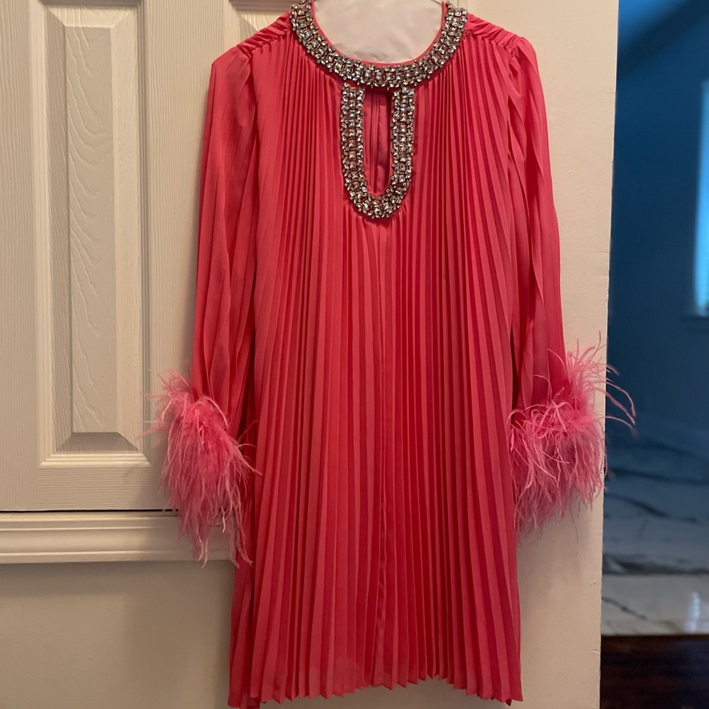 Pink Embellished Pleated Long Sleeve Cocktail Dress
